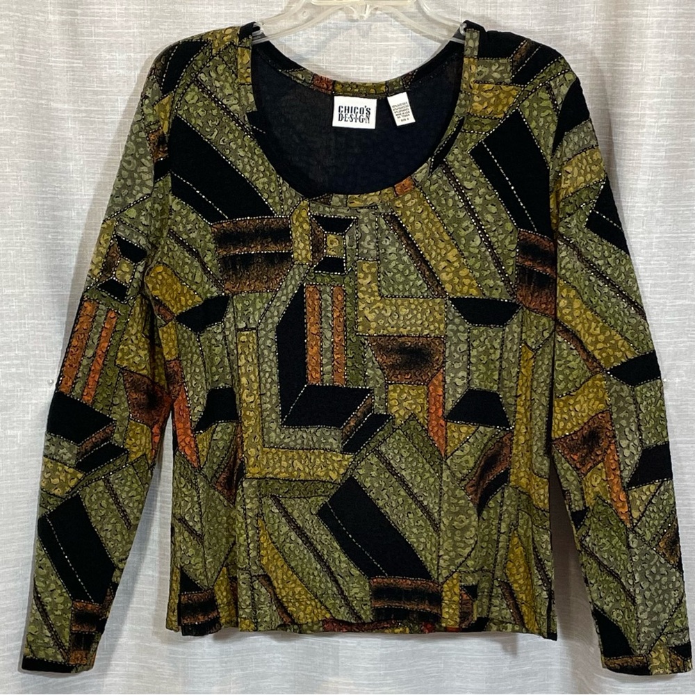 Chico's Black and Gold Graphic Fitted Long Sleeve Knit Top